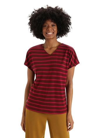 Espresso / Cherry Icebreaker Merino Drayden Reversible Short Sleeve Top Stripe Women's T Shirts | AU 1606CTVE